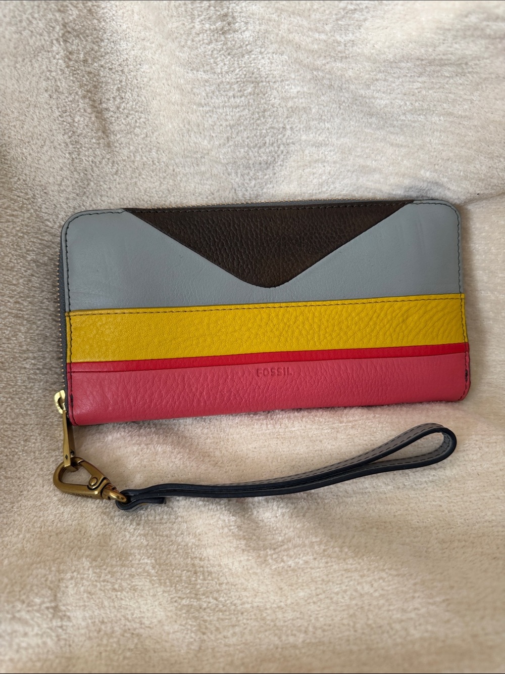 Fossil Multicolor Leather Zip Wristlet in Pink, Yellow, Blue and Brown